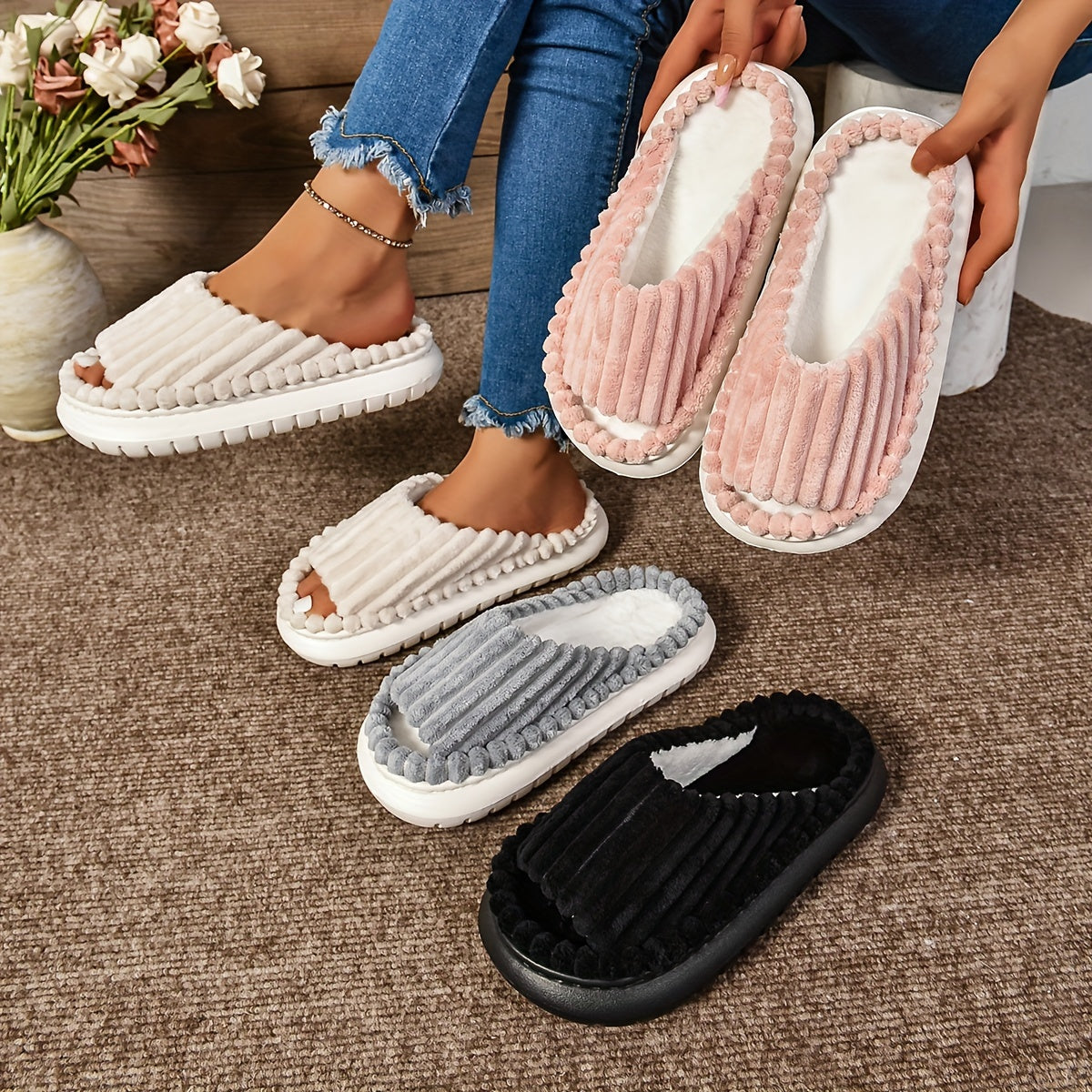 Mimi | Striped Peep Toe Cozy Slide Slippers