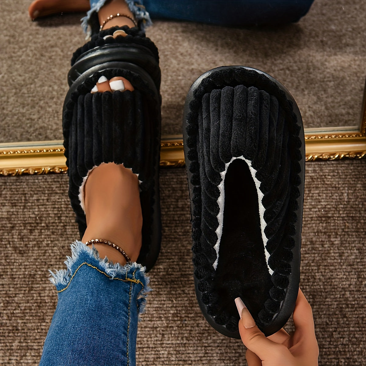 Mimi | Striped Peep Toe Cozy Slide Slippers