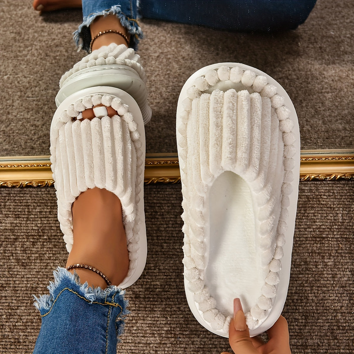 Mimi | Striped Peep Toe Cozy Slide Slippers