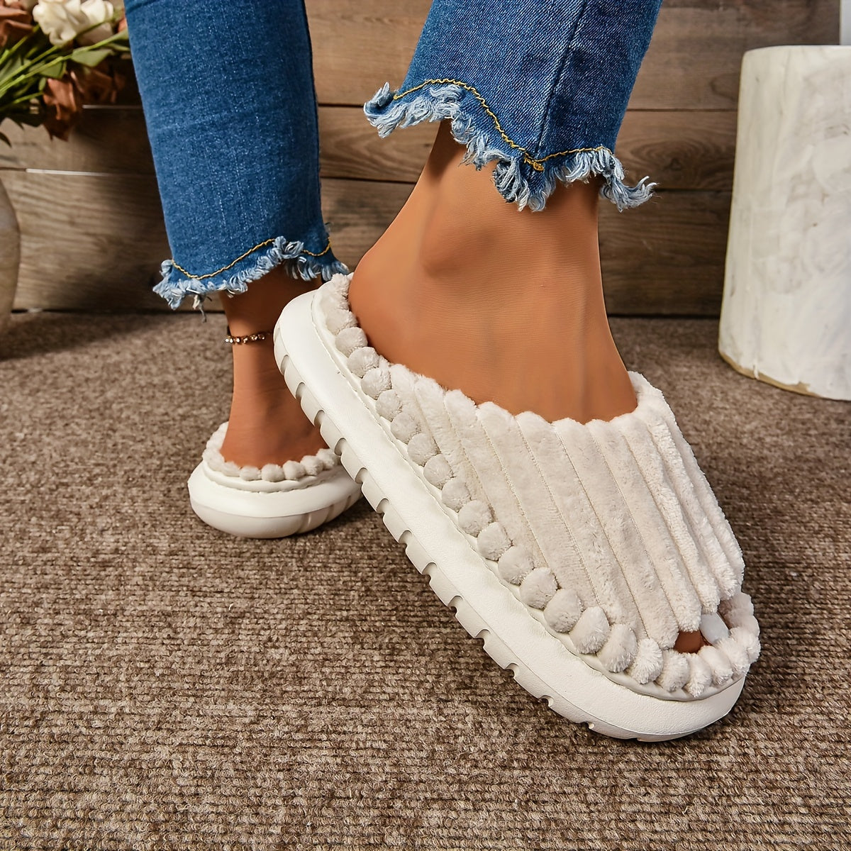 Mimi | Striped Peep Toe Cozy Slide Slippers