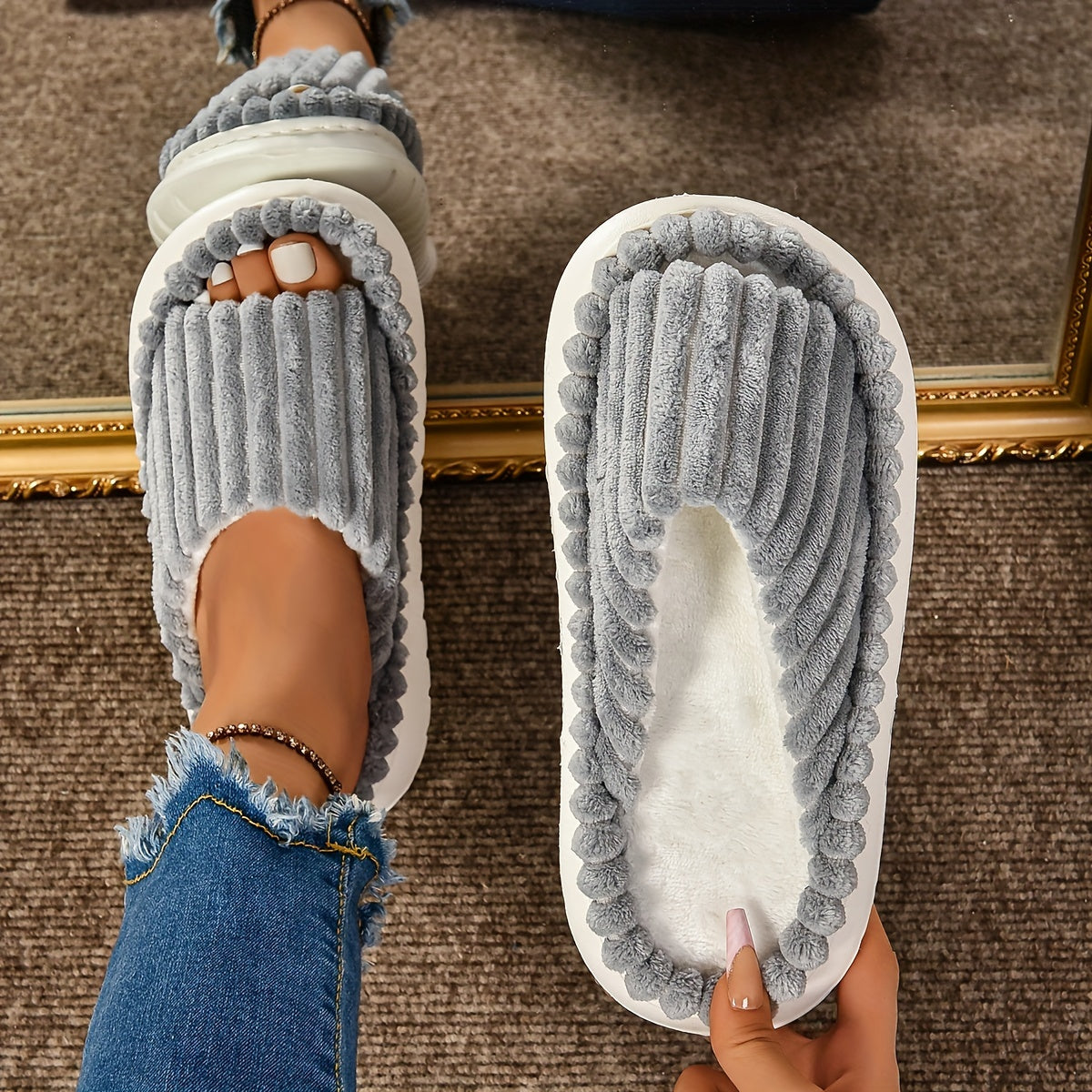 Mimi | Striped Peep Toe Cozy Slide Slippers
