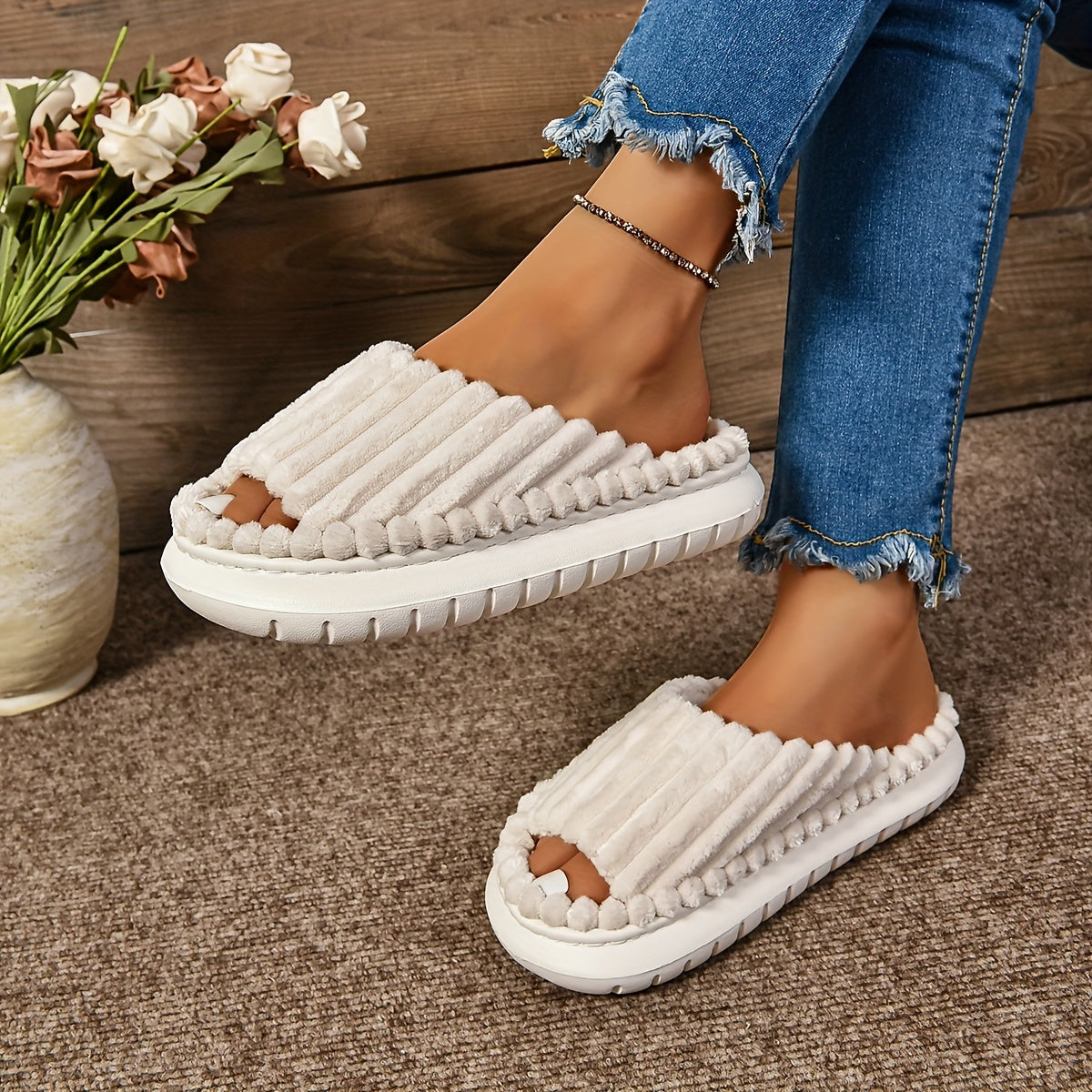 Mimi | Striped Peep Toe Cozy Slide Slippers