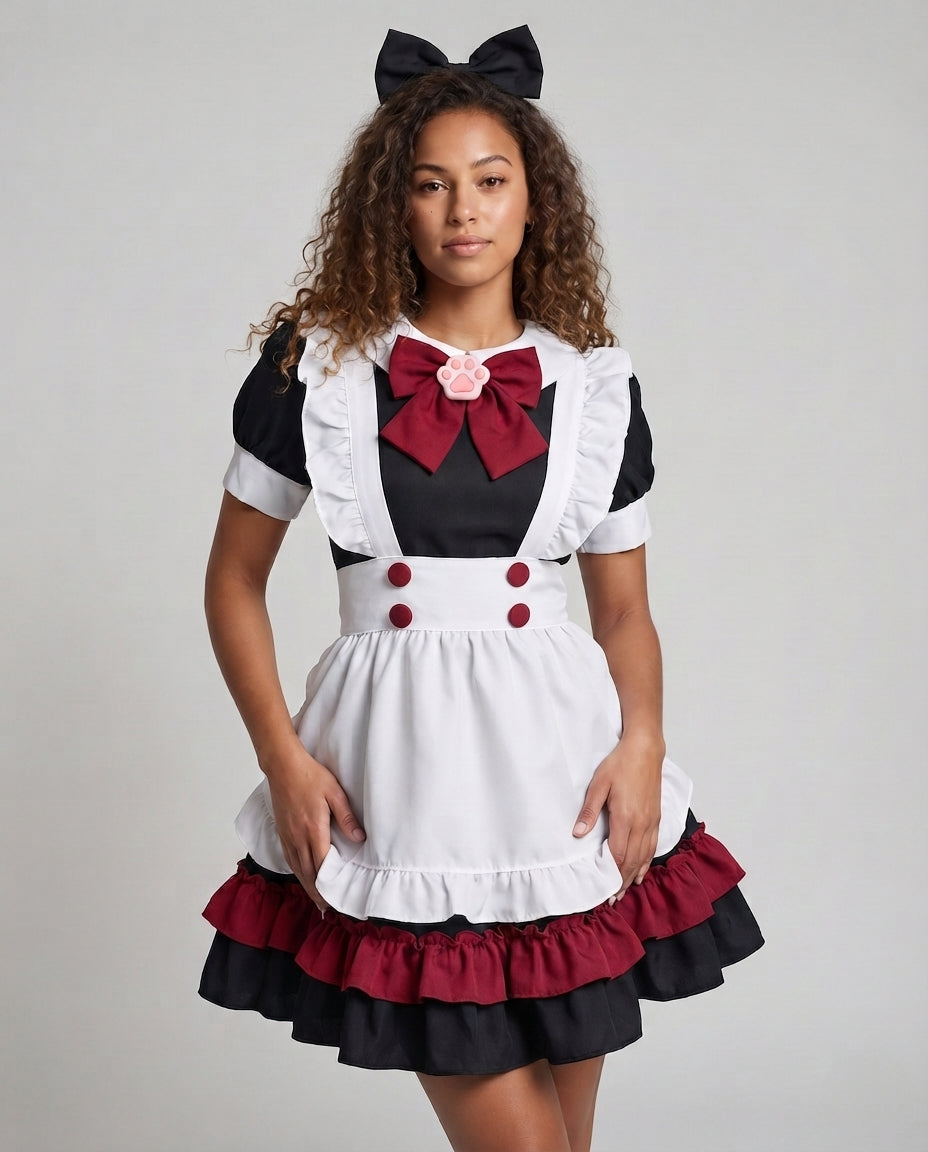 Women's maid Halloween costume dress with white ruffled apron and burgundy bow