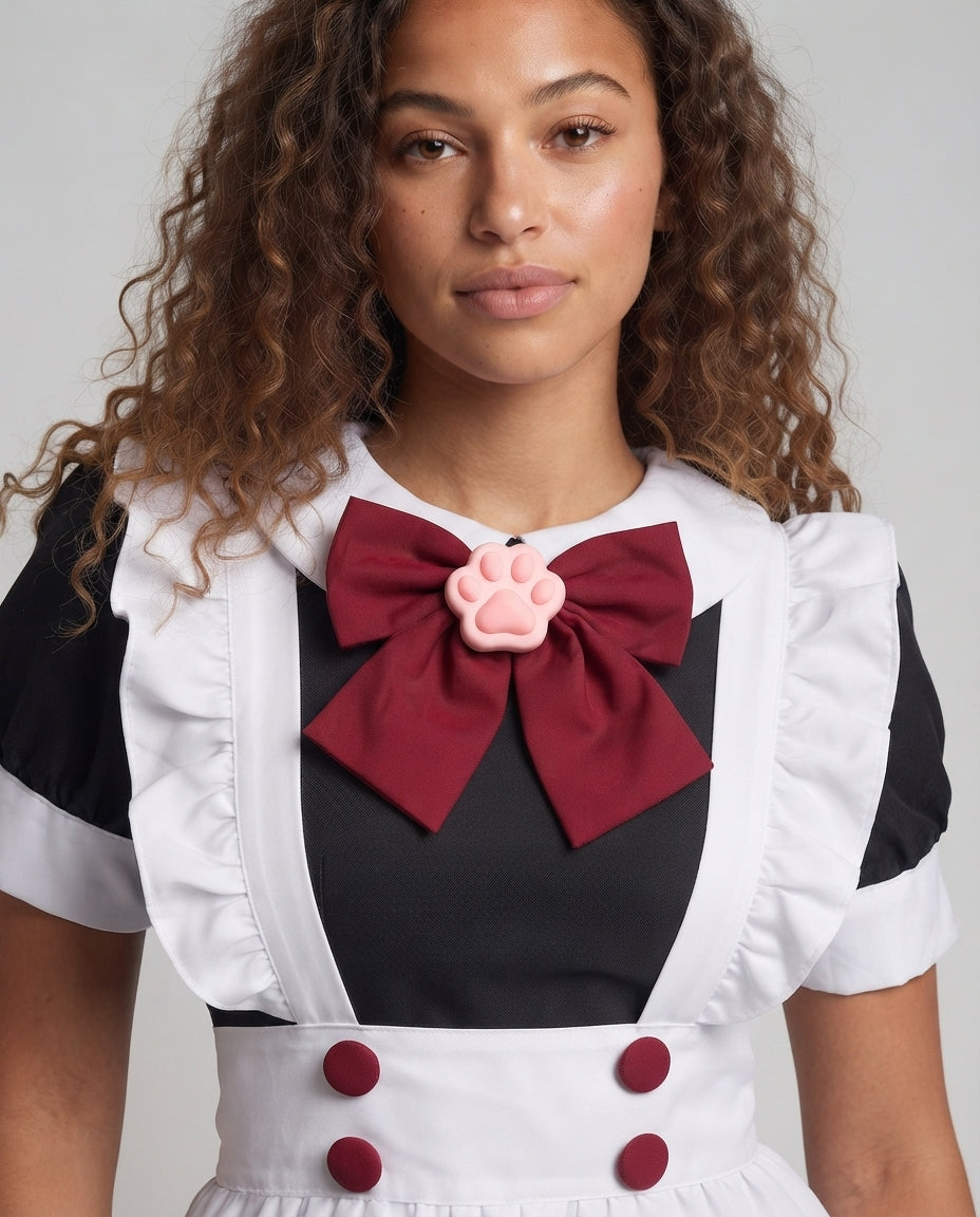 Women's maid Halloween costume dress with white ruffled apron and burgundy bow - view 2