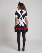 Women's maid Halloween costume dress with white ruffled apron and burgundy bow - view 3