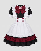 Women's maid Halloween costume dress with white ruffled apron and burgundy bow - view 4