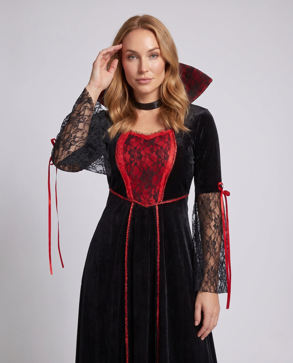 Women's black velvet vampire costume dress with red lace front panel, high collar and lace bell sleeves - view 2