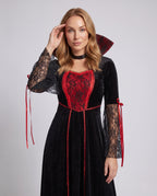 Women's black velvet vampire costume dress with red lace front panel, high collar and lace bell sleeves - view 2