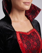 Women's black velvet vampire costume dress with red lace front panel, high collar and lace bell sleeves - view 3