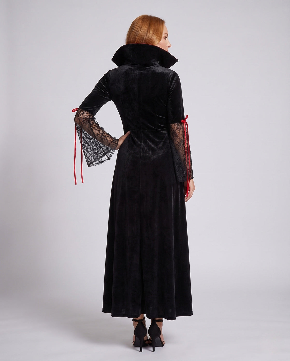 Women's black velvet vampire costume dress with red lace front panel, high collar and lace bell sleeves - view 4