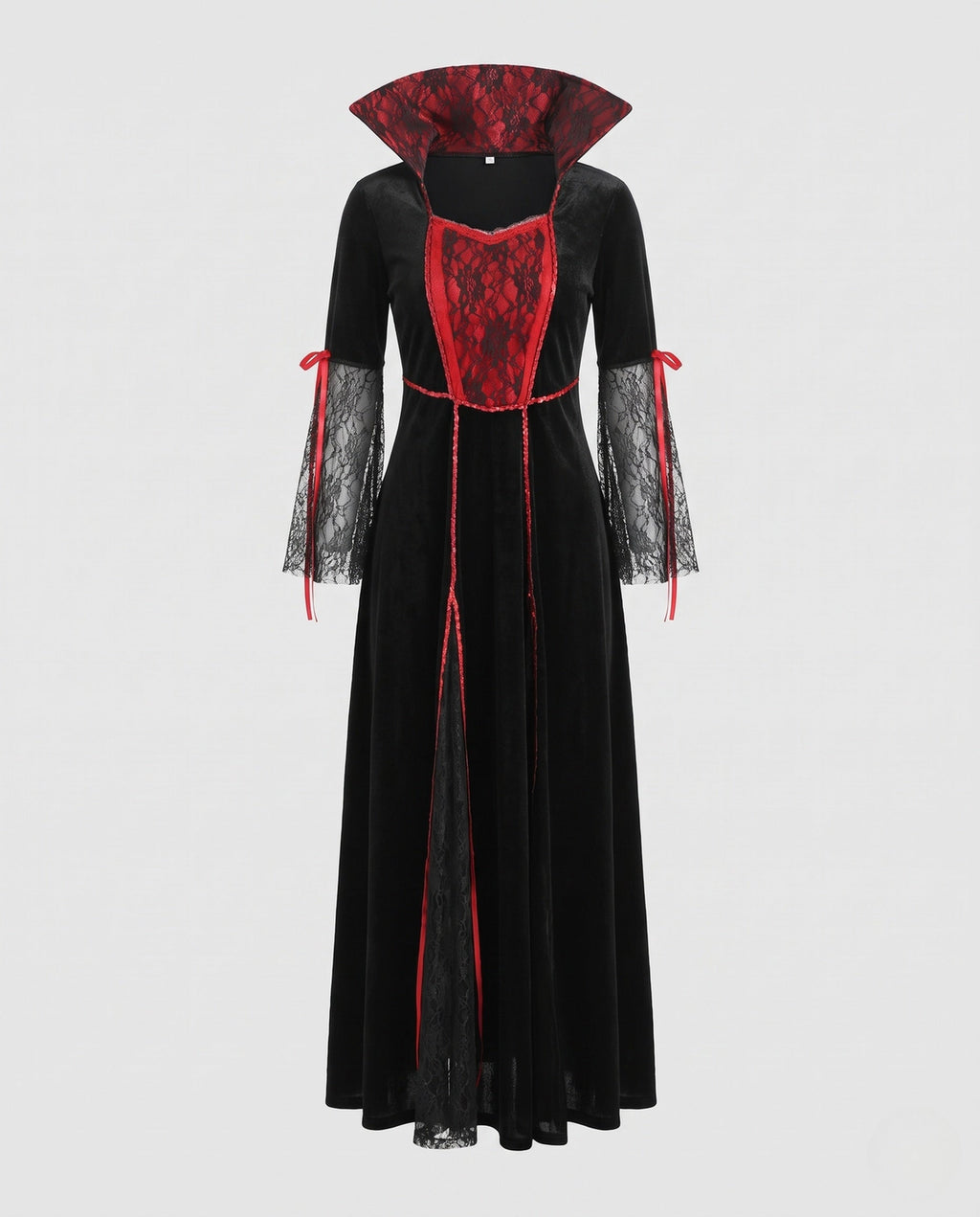 Women's black velvet vampire costume dress with red lace front panel, high collar and lace bell sleeves - view 5