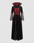 Women's black velvet vampire costume dress with red lace front panel, high collar and lace bell sleeves - view 5
