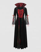 Women's black velvet vampire costume dress with red lace front panel, high collar and lace bell sleeves - view 5