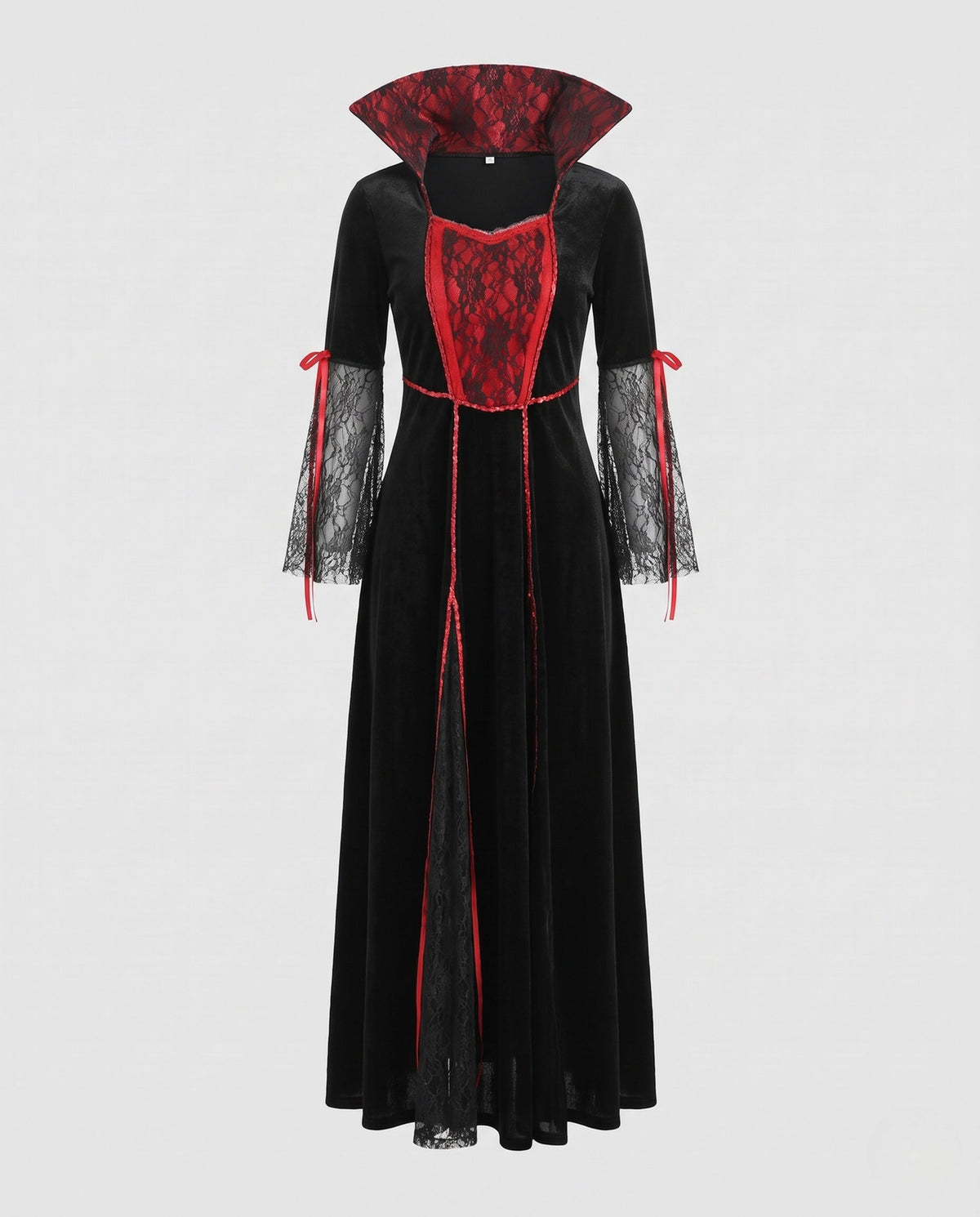 Women's black velvet vampire costume dress with red lace front panel, high collar and lace bell sleeves - view 5
