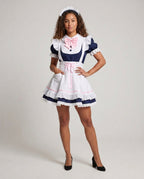 Women's navy maid Halloween costume dress with white lace-trimmed apron, pink bow and ruffled headband