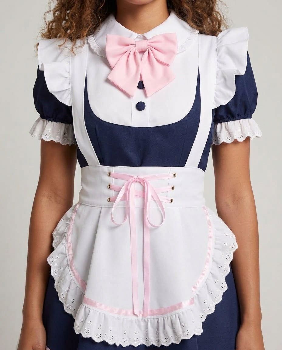 Women's navy maid Halloween costume dress with white lace-trimmed apron, pink bow and ruffled headband - view 2