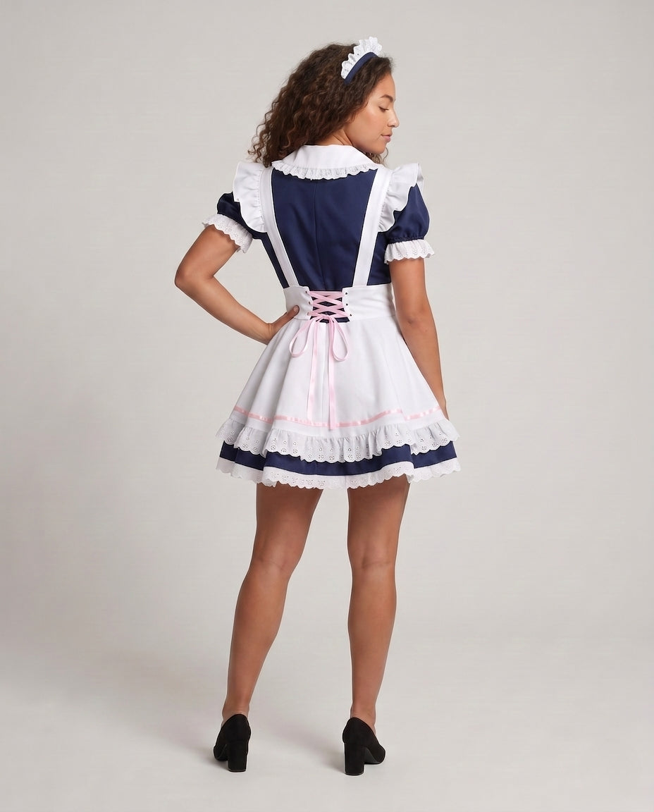 Women's navy maid Halloween costume dress with white lace-trimmed apron, pink bow and ruffled headband - view 3