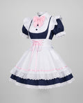 Women's navy maid Halloween costume dress with white lace-trimmed apron, pink bow and ruffled headband - view 4