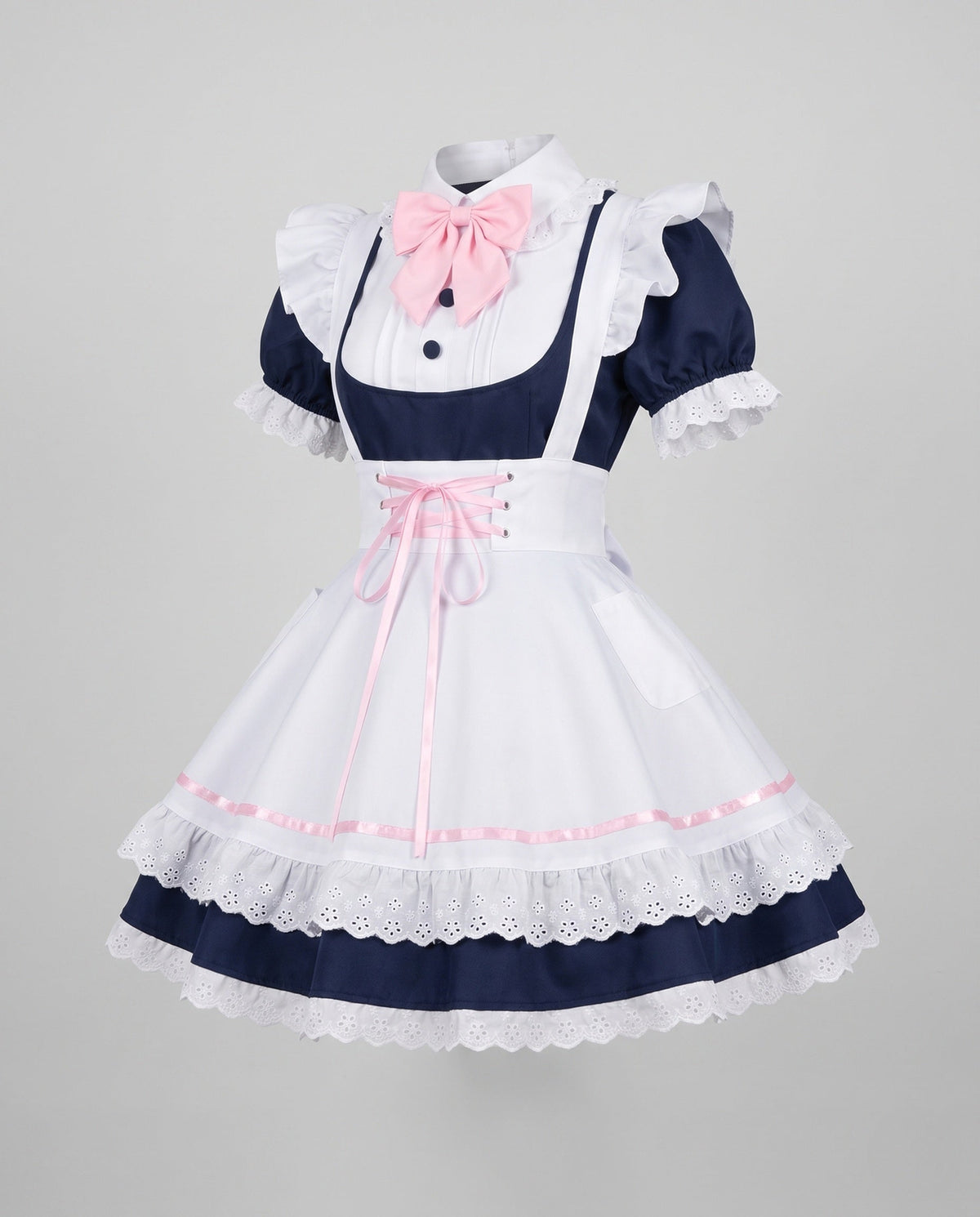 Women's navy maid Halloween costume dress with white lace-trimmed apron, pink bow and ruffled headband - view 4