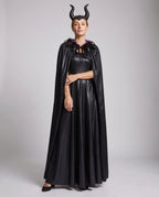 Women's black devil Halloween costume with feather-collar cape and horn headband