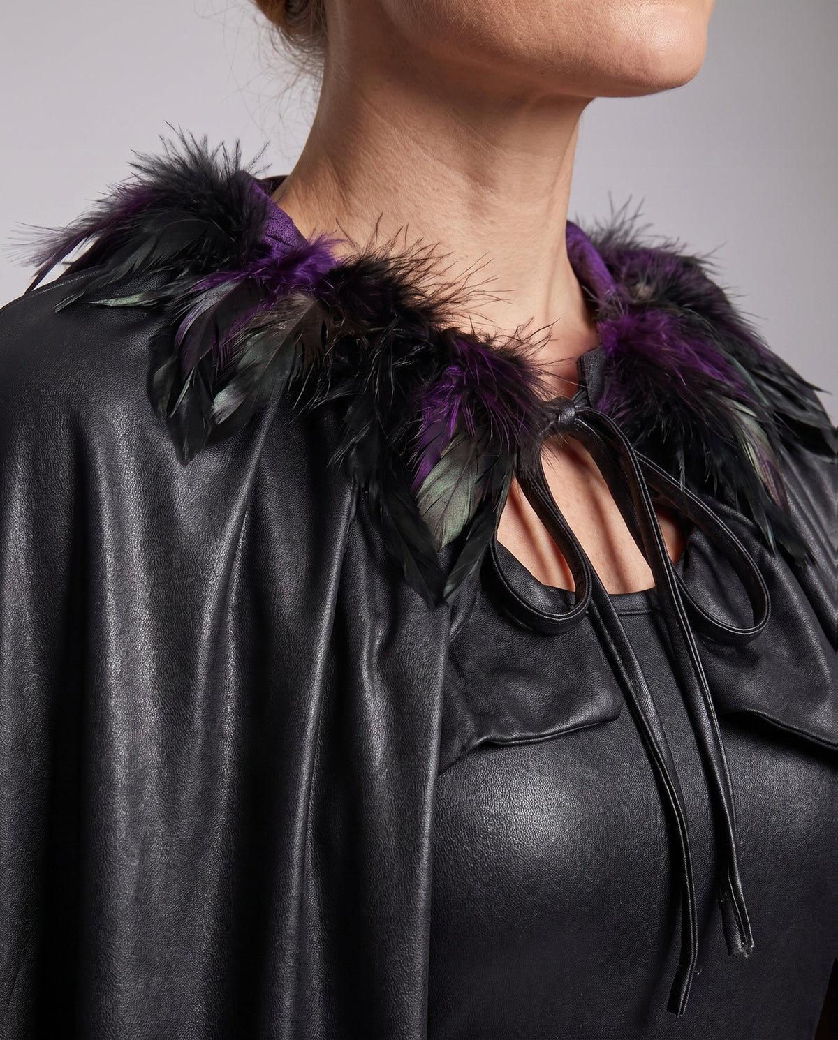 Women's black devil Halloween costume with feather-collar cape and horn headband - view 2