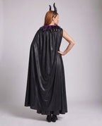 Women's black devil Halloween costume with feather-collar cape and horn headband - view 3