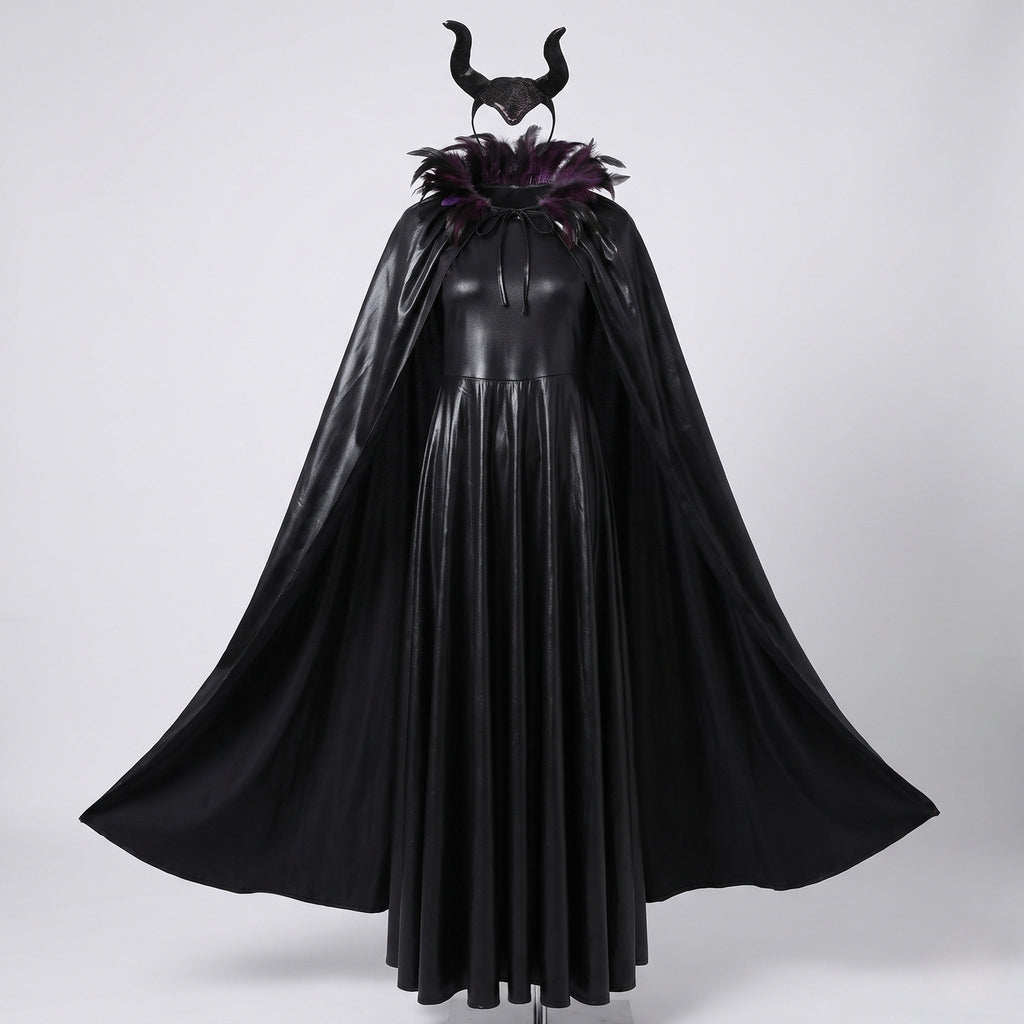 Women's black devil Halloween costume with feather-collar cape and horn headband - view 4
