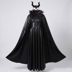 Women's black devil Halloween costume with feather-collar cape and horn headband - view 4