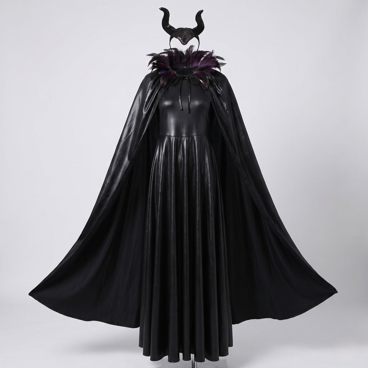 Women's black devil Halloween costume with feather-collar cape and horn headband - view 4
