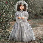 Girls gray ghost Halloween costume with skull-pattern lace and floor-length tulle skirt