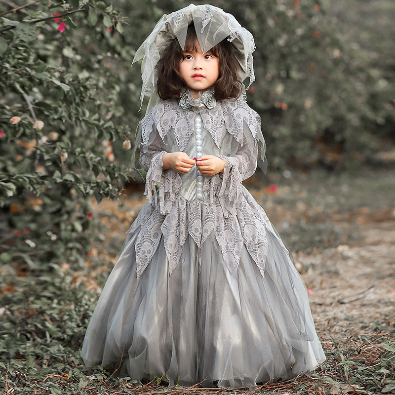 Girls gray ghost Halloween costume with skull-pattern lace and floor-length tulle skirt