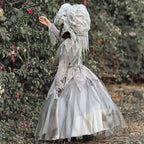 Girls gray ghost Halloween costume with skull-pattern lace and floor-length tulle skirt - view 2