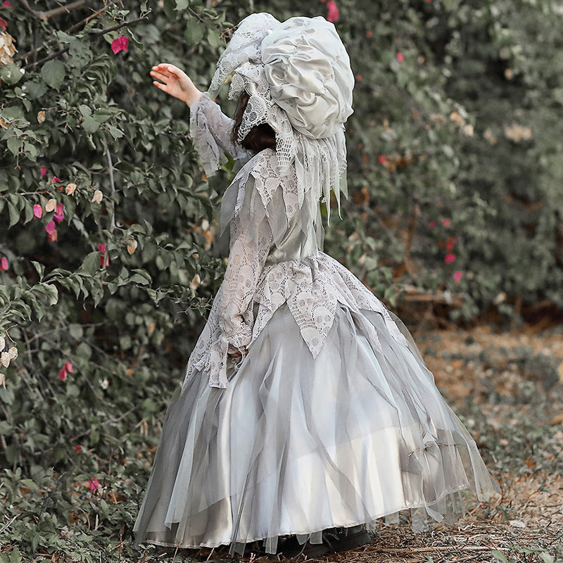 Girls gray ghost Halloween costume with skull-pattern lace and floor-length tulle skirt - view 2