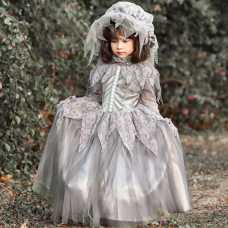 Girls gray ghost Halloween costume with skull-pattern lace and floor-length tulle skirt - view 5