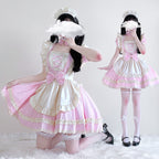 Women's maid Halloween costume with pink dress and cream ruffled apron