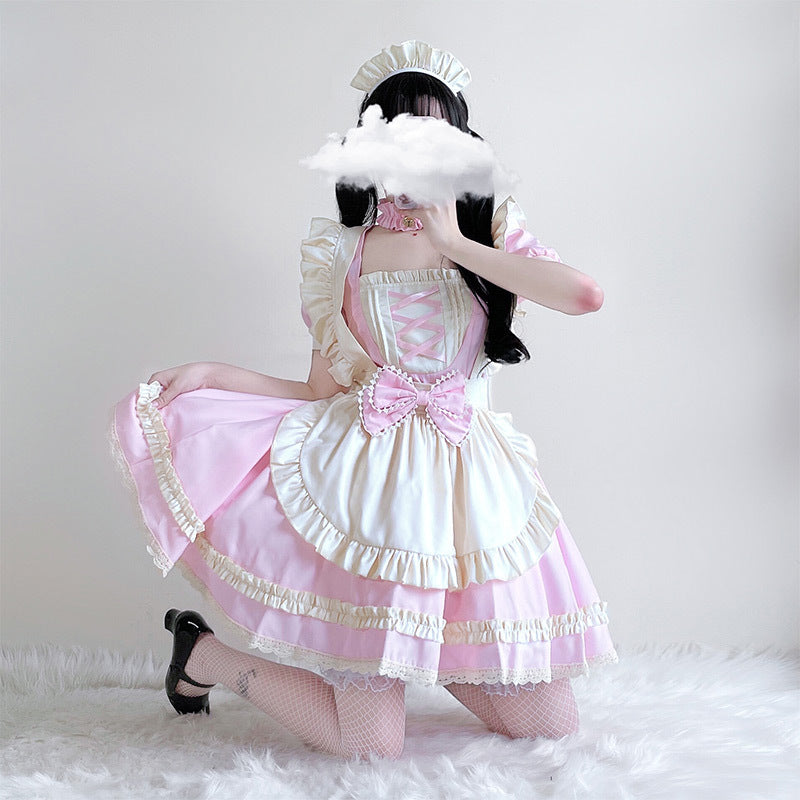 Women's maid Halloween costume with pink dress and cream ruffled apron - view 3