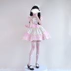 Women's maid Halloween costume with pink dress and cream ruffled apron - view 4