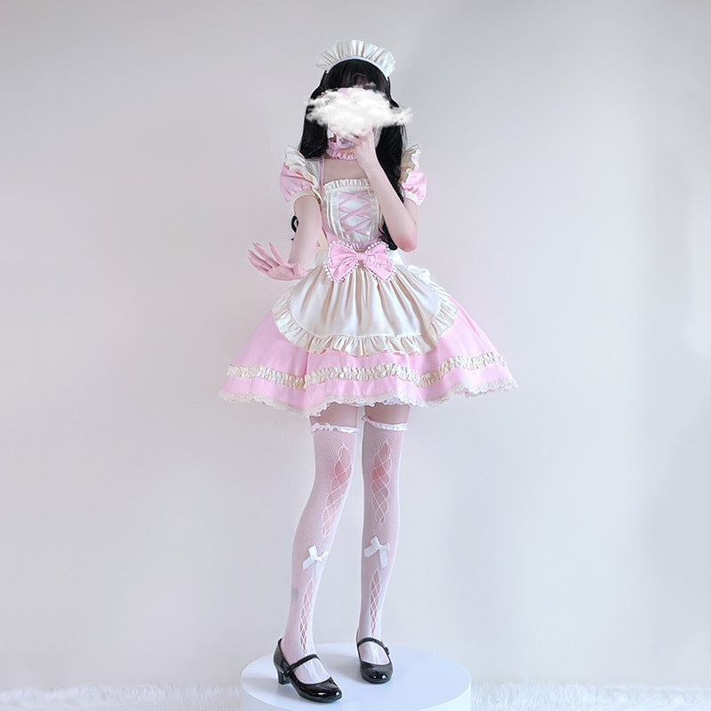 Women's maid Halloween costume with pink dress and cream ruffled apron - view 4