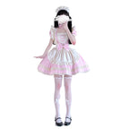 Women's maid Halloween costume with pink dress and cream ruffled apron - view 5