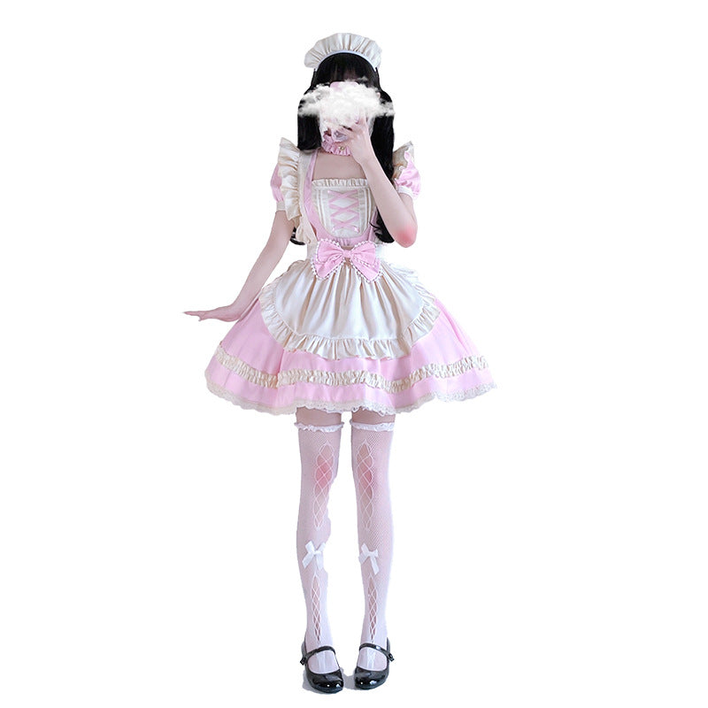 Women's maid Halloween costume with pink dress and cream ruffled apron - view 5