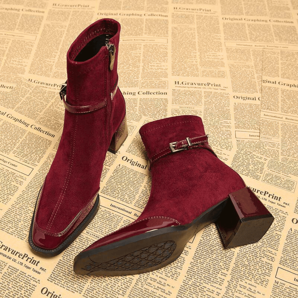 Square toe suede ankle boots with patent trim, buckle strap and block heel
