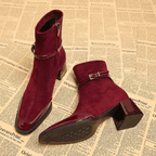 Square toe suede ankle boots with patent trim, buckle strap and block heel