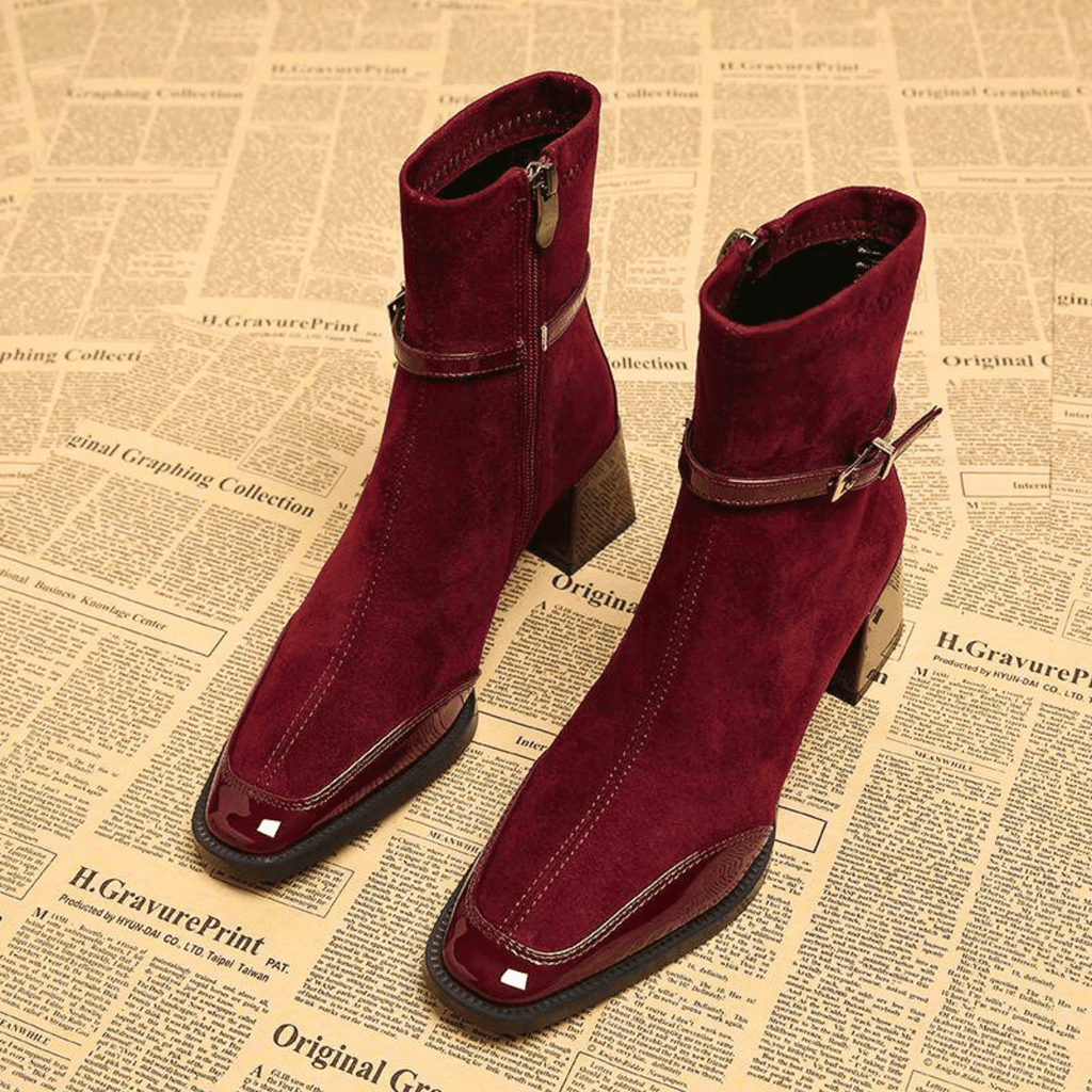 Square toe suede ankle boots with patent trim, buckle strap and block heel - view 2