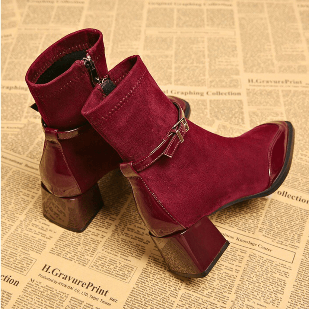 Square toe suede ankle boots with patent trim, buckle strap and block heel - view 3