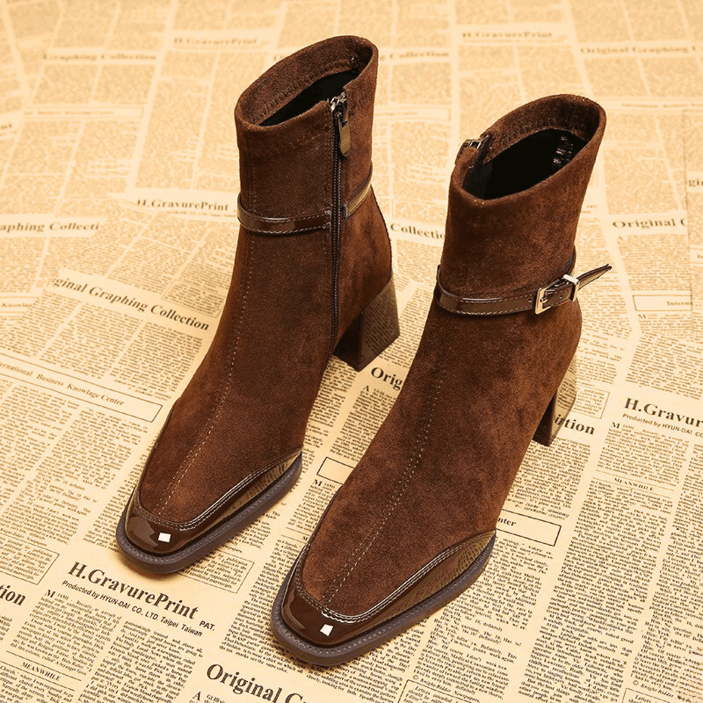 Square toe suede ankle boots with patent trim, buckle strap and block heel - view 5