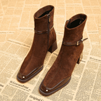 Square toe suede ankle boots with patent trim, buckle strap and block heel - view 5