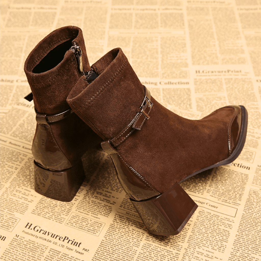 Square toe suede ankle boots with patent trim, buckle strap and block heel - view 6