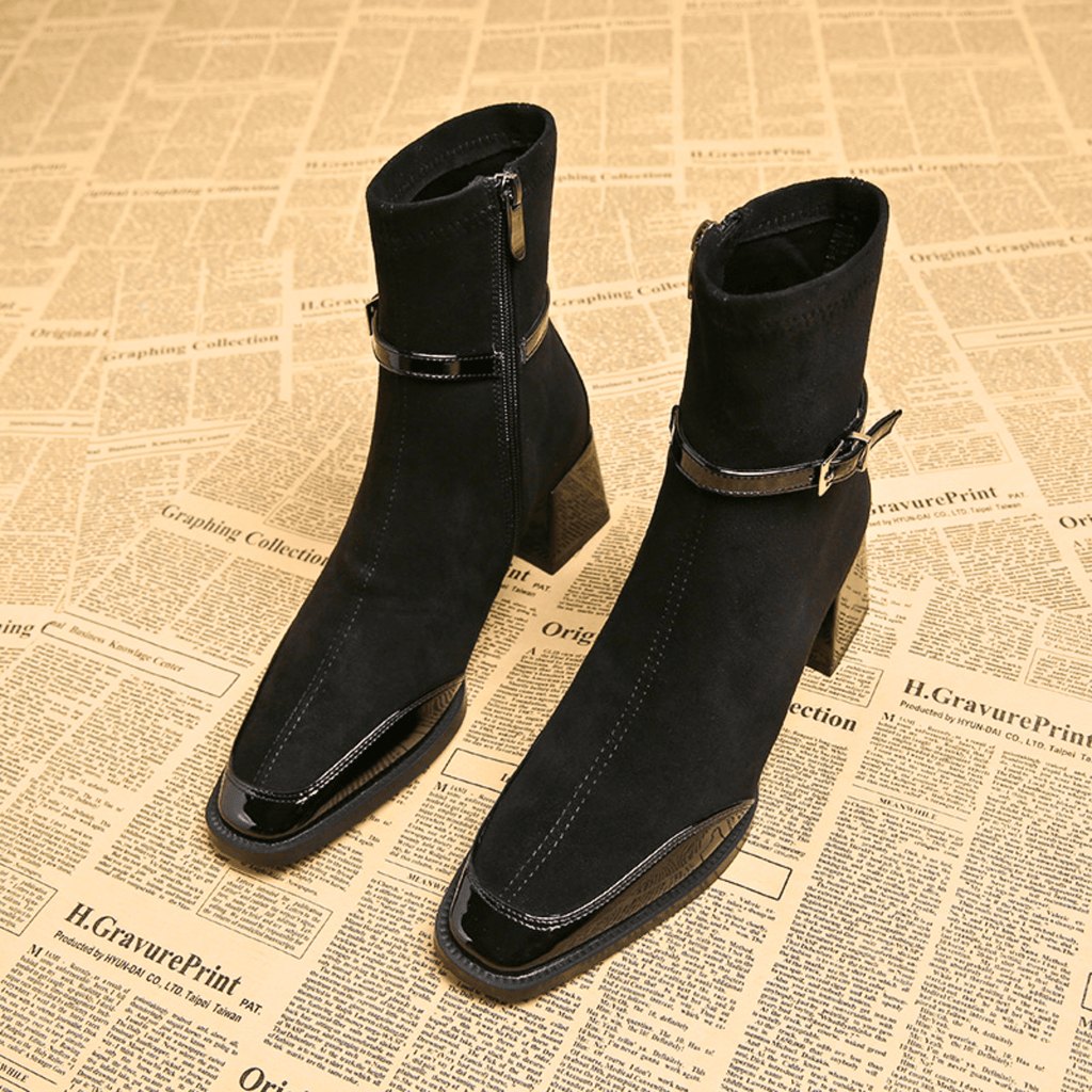 Square toe suede ankle boots with patent trim, buckle strap and block heel - view 8