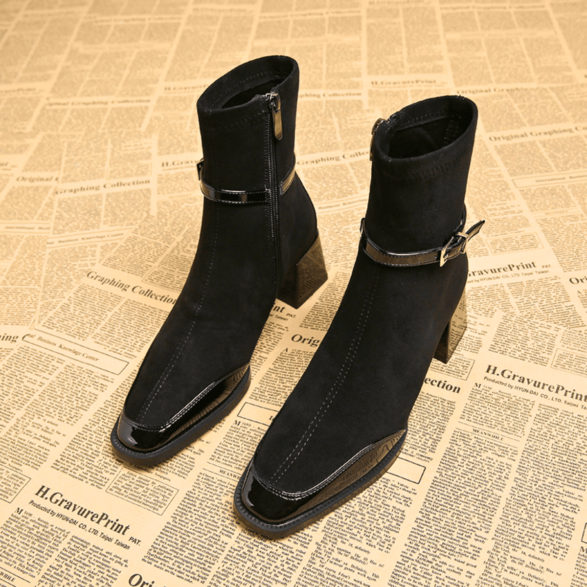 Square toe suede ankle boots with patent trim, buckle strap and block heel - view 8