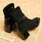 Square toe suede ankle boots with patent trim, buckle strap and block heel - view 9
